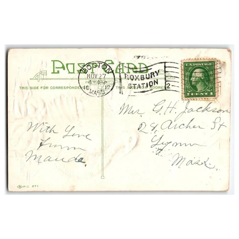 Vintage Thanksgiving Turkey Pumpkin Embossed Postcard Boston Maude 1900s